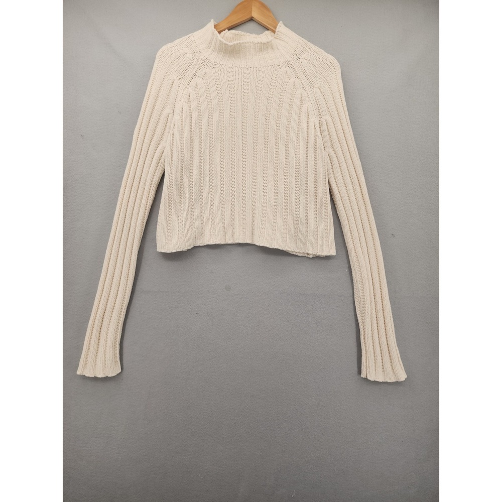 American Eagle Cropped Sweater Mock Neck Ribbed Knit Cream Ivory Size M Chenille